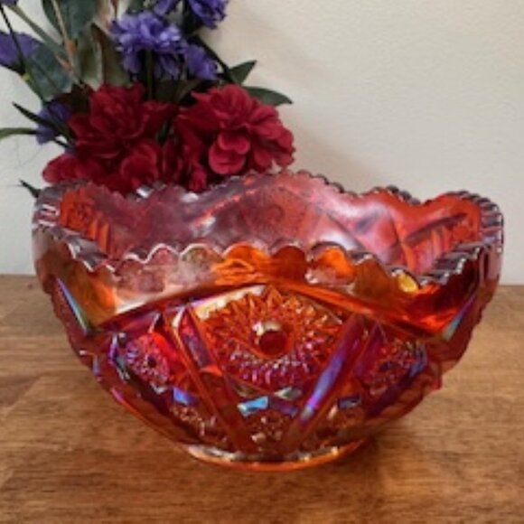 Indiana Glass Sunset Red Carnival Glass Bowl Iridescent Vintage Fruit Dish - Picture 1 of 6
